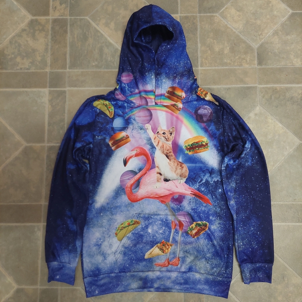 Womens Cosmic Kitten Long Sleeve Multicolored Pullover Hooded Sweater XXXL